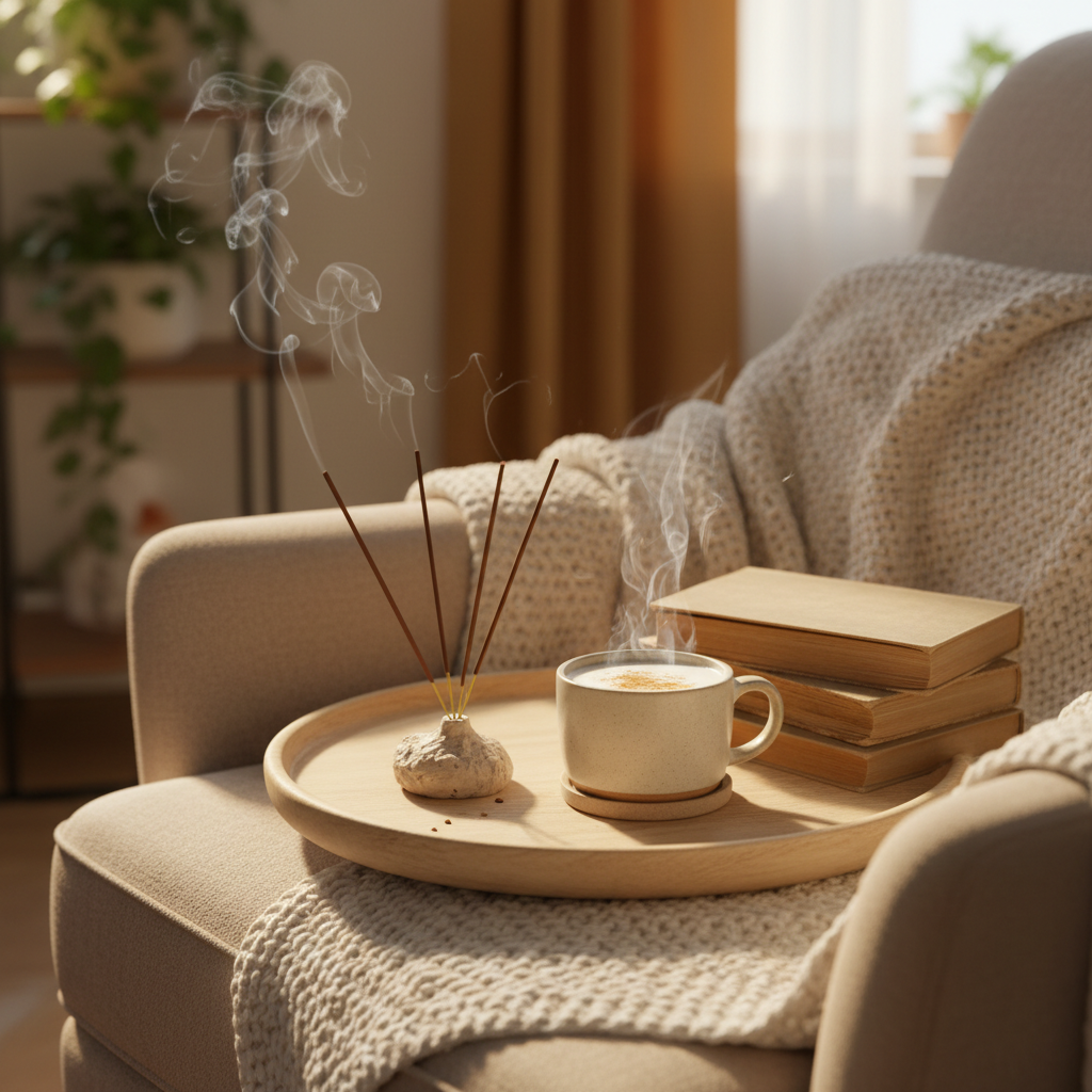 Vanilla incense sticks burning in a warm cosy golden home setting