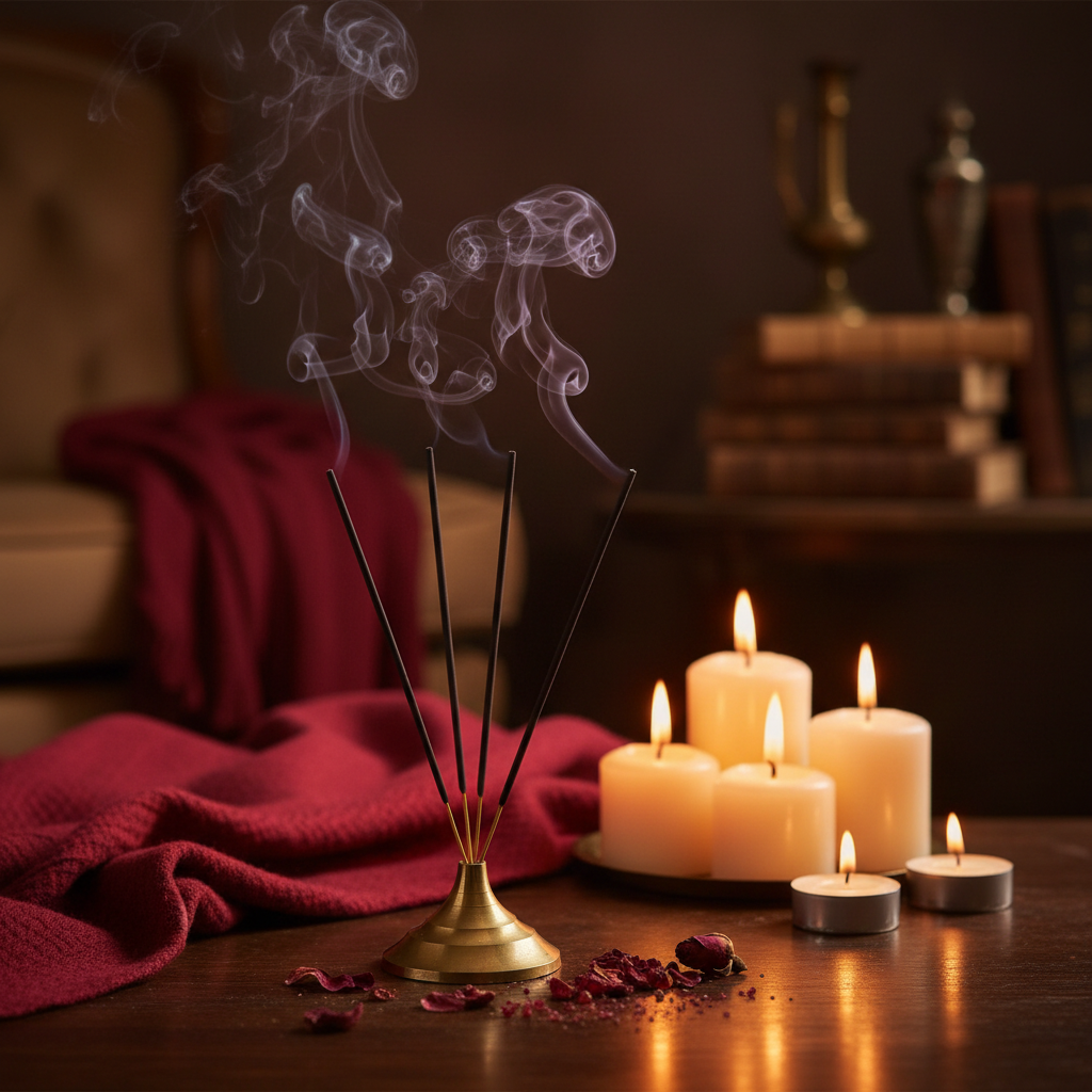 Dragons Blood incense sticks burning in a dark, moody amber-lit setting