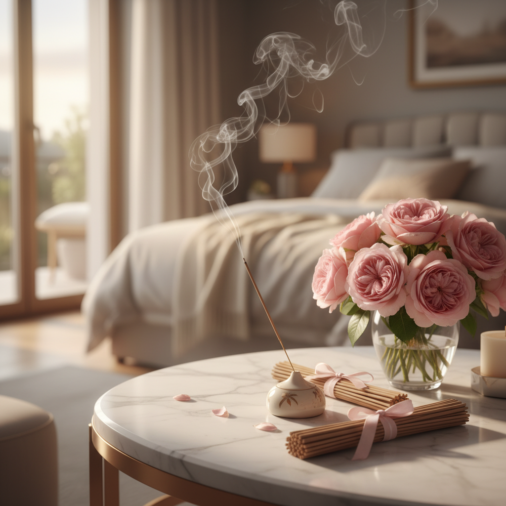 Rose incense sticks burning in an elegant bright setting with fresh roses